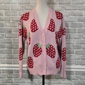 Hot Topic Strawberry Pink Cardigan Button Front Med Whimsical Novelty Coquette